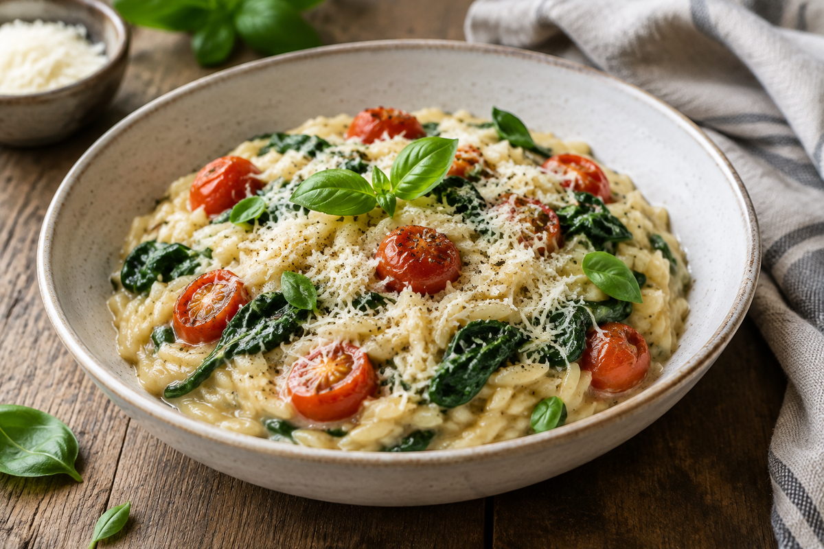 Best orzo dinner with sautéed spinach, cherry tomatoes, and parmesan garnish on a rustic plate