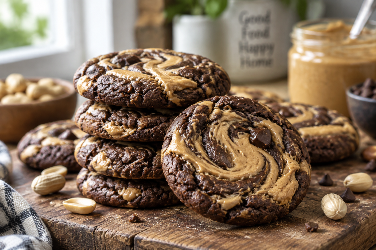 Close-up of peanut butter brownie cookies with rich swirls and chewy texture on rustic wooden board