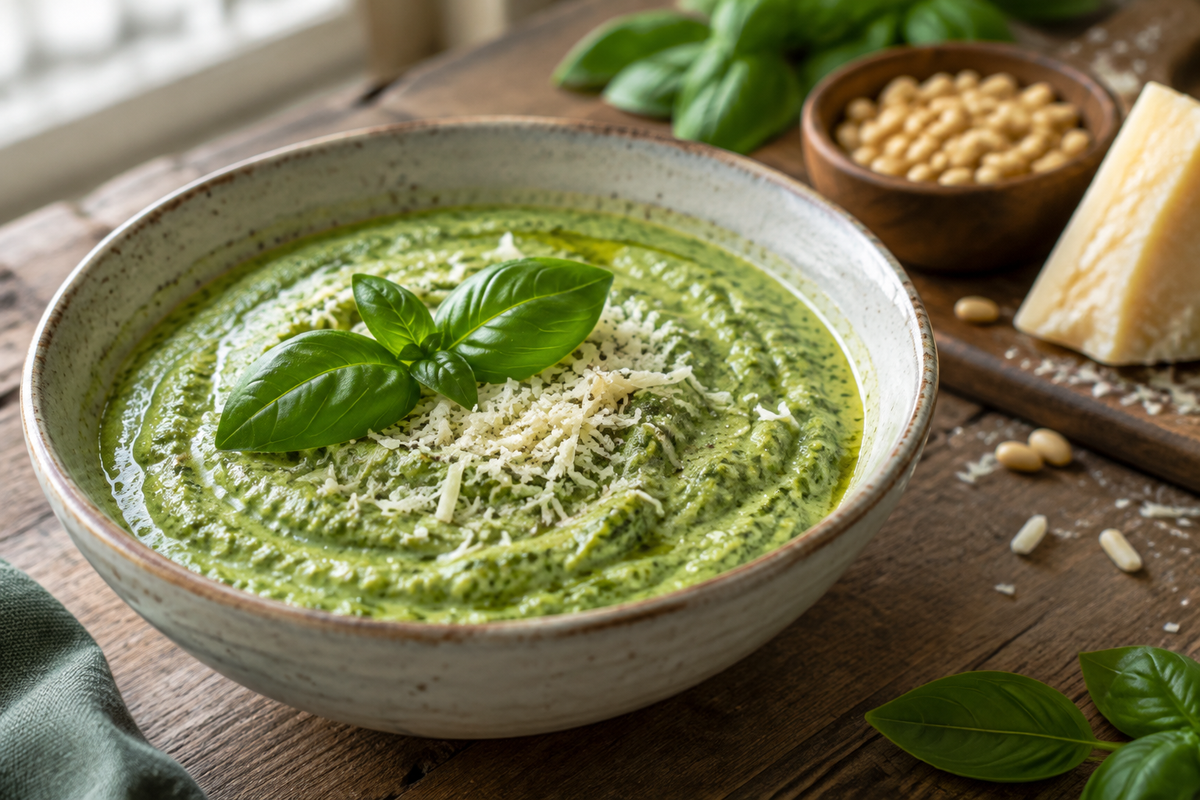 bowl of vibrant green pesto cream sauce garnished with basil and parmesan, showcasing pesto cream sauce