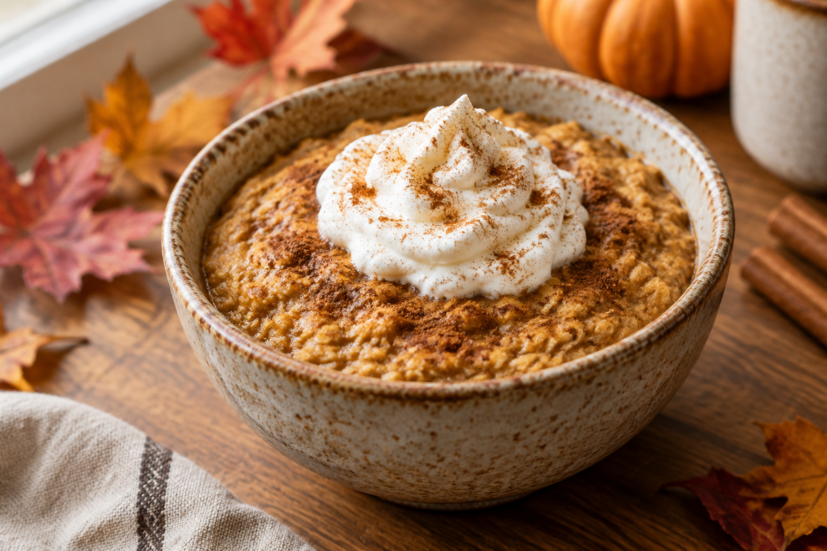 Creamy pumpkin spice latte baked oats garnished with whipped cream and cinnamon, perfect fall breakfast
