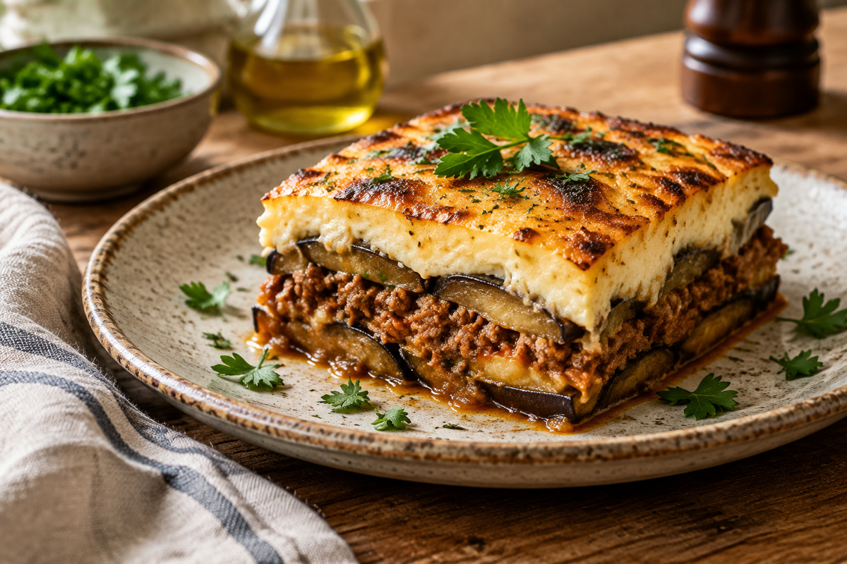 Slice of Greek moussaka with creamy béchamel and fresh parsley garnish, showcasing authentic greek moussaka