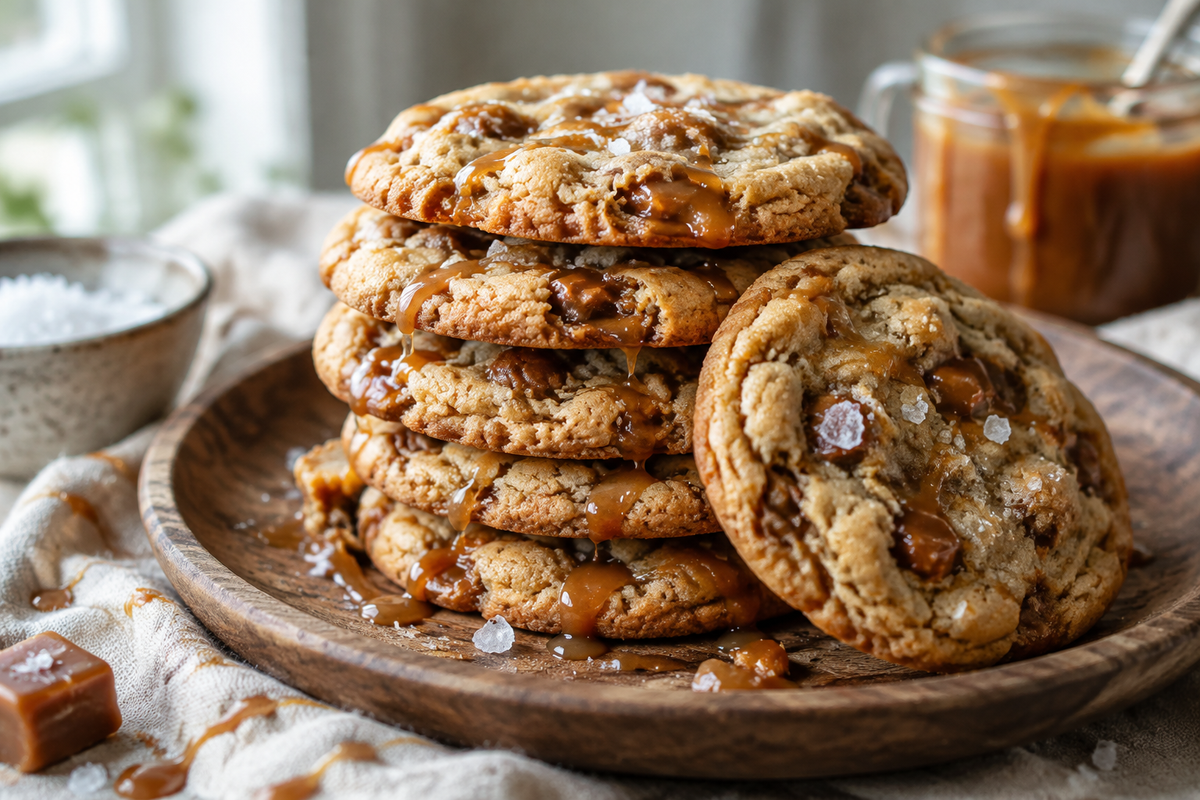 Freshly baked salted caramel cookie with crispy edges and gooey caramel bits
