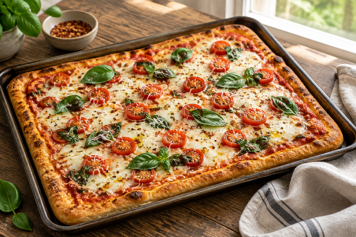 Close-up of best sheet pan pizza with melted cheese and fresh toppings in natural light