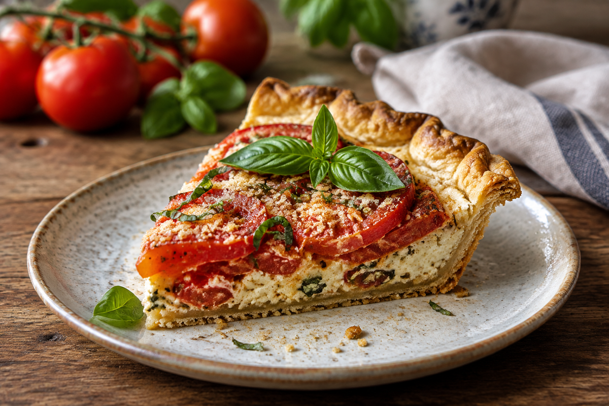 Slice of southern tomato pie with fresh garden tomatoes and basil garnish