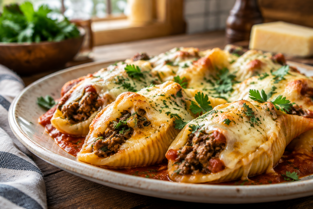Best stuffed shells ground beef topped with melted cheese and parsley on rustic plate