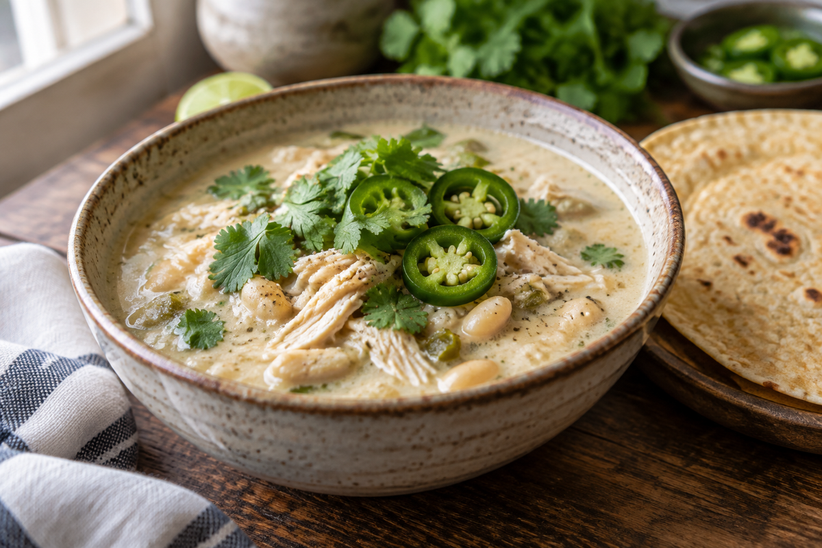 Creamy white chicken chili garnished with cilantro and jalapeños, perfect white chicken chili serving