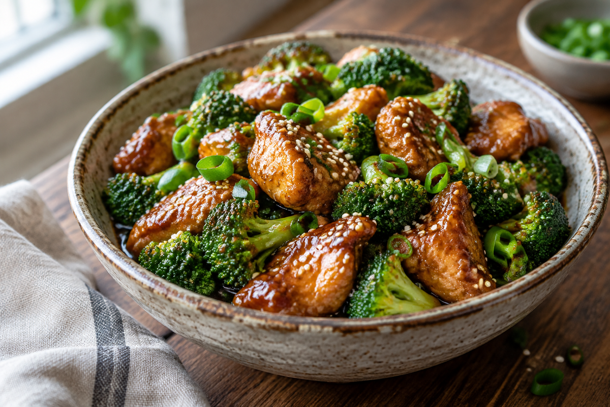 Sticky chicken and broccoli served in a bowl with sesame seeds and green onions, showcasing the sticky chicken and broccoli dish