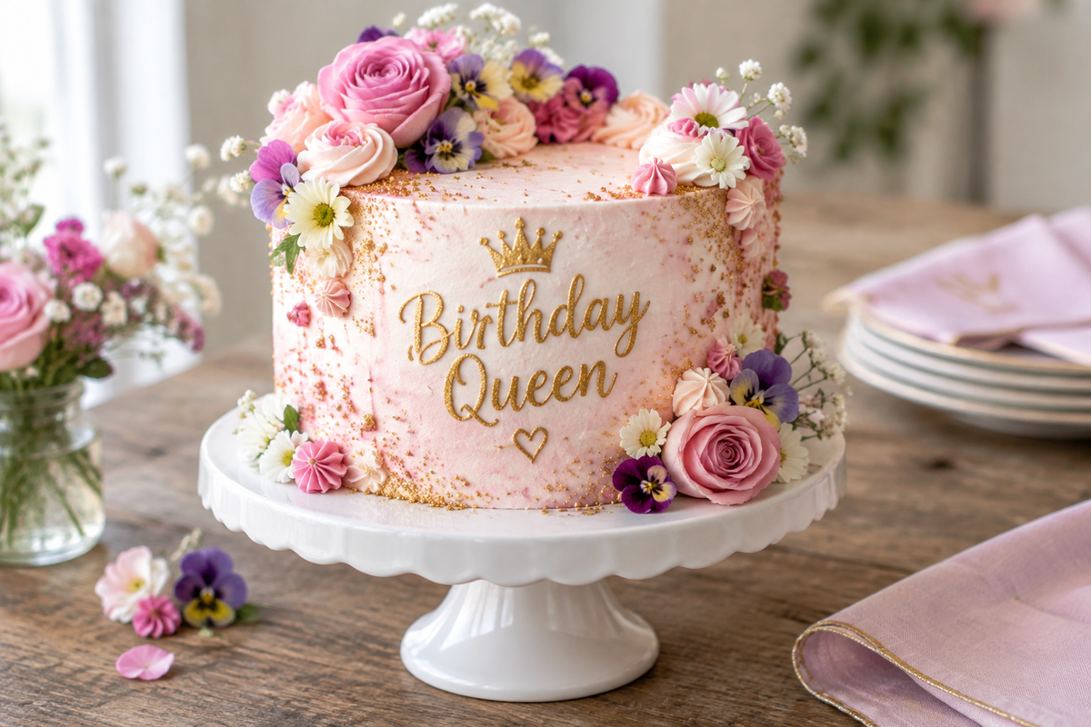Birthday queen cake decorated with pink buttercream rosettes and edible flowers, showcasing birthday queen cake elegance