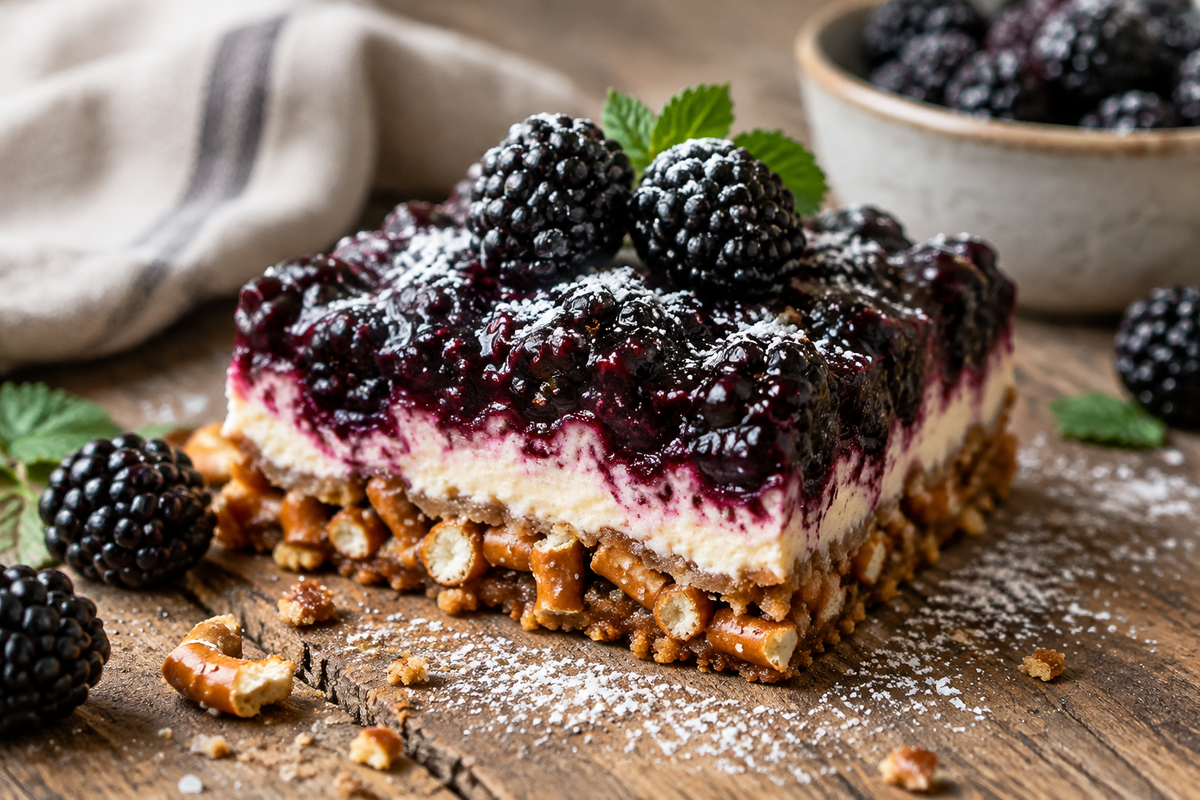 Blackberry pretzel dessert with glossy berry topping and crunchy crust on rustic surface