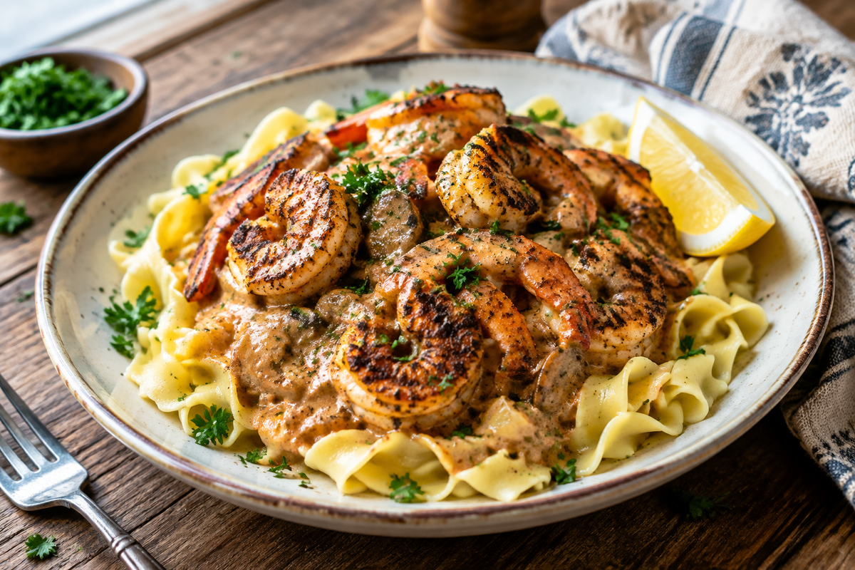 Blackened shrimp stroganoff served over egg noodles garnished with parsley and lemon wedge