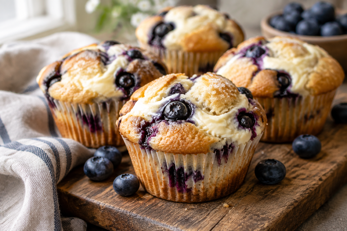 Blueberry cream cheese muffins with golden tops and creamy swirls on a rustic board, perfect for brunch