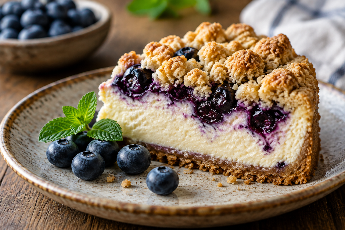 Blueberry crumble cheesecake slice with creamy filling and golden crumble topping