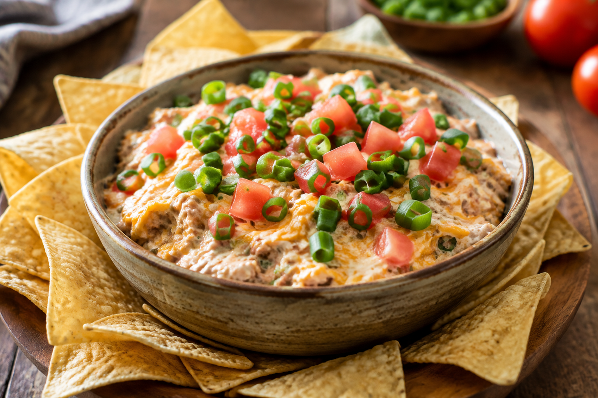 Creamy boat dip in rustic bowl garnished with green onions and tomatoes, surrounded by tortilla chips, boat dip recipe