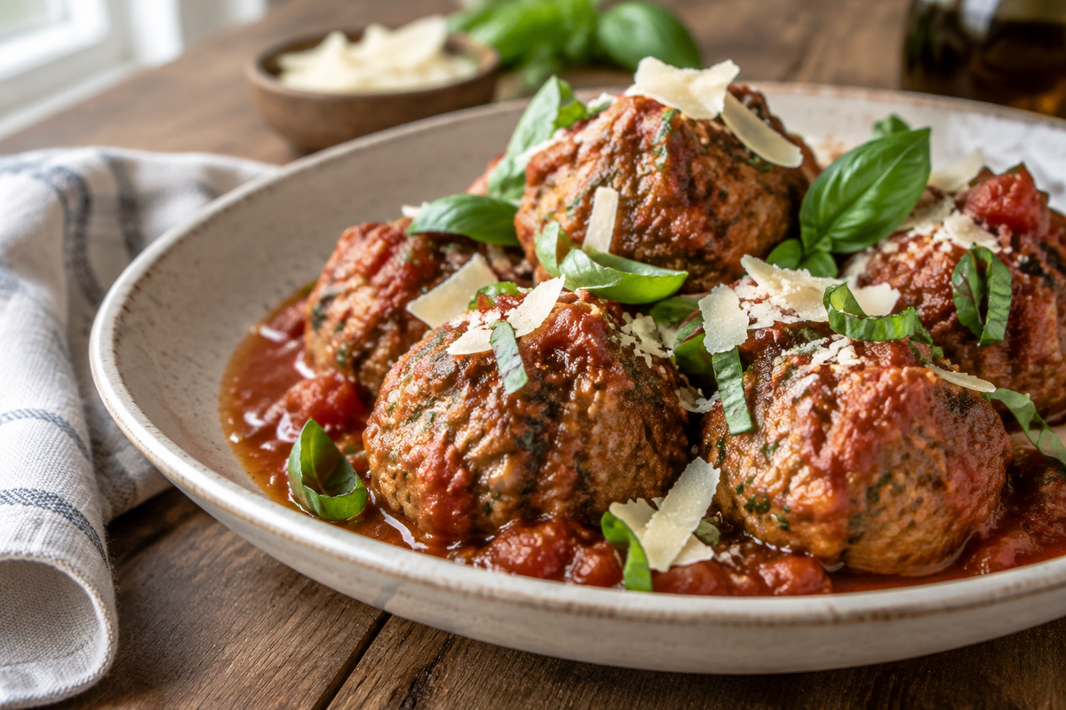 Bobby Flay’s Italian meatball recipe plated with tomato sauce, basil, and Parmesan cheese