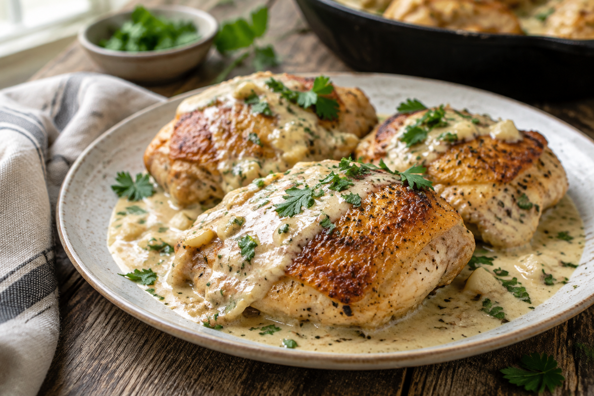 Golden skillet chicken thighs in creamy garlic sauce garnished with parsley, showcasing skillet chicken thighs