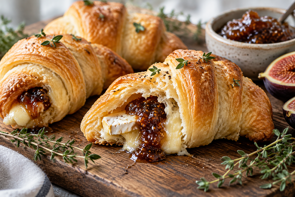 Breakfast crescent rolls filled with fig and brie surprise on a rustic wooden board