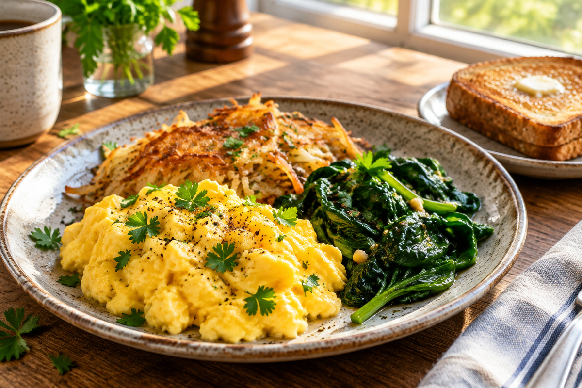 Hearty breakfast time dish with scrambled eggs, hash browns, and sautéed spinach on a rustic plate