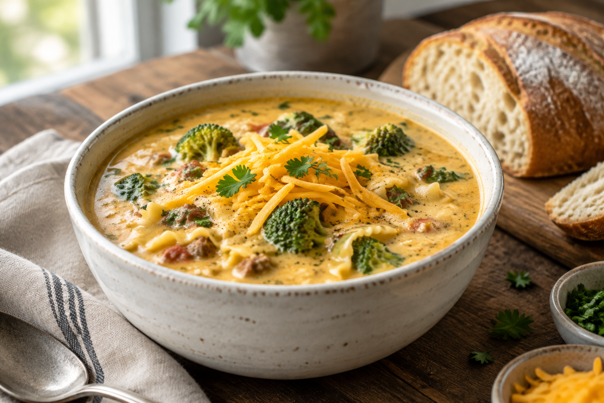 Broccoli cheddar lasagna soup without heavy cream in a white bowl garnished with cheddar and parsley