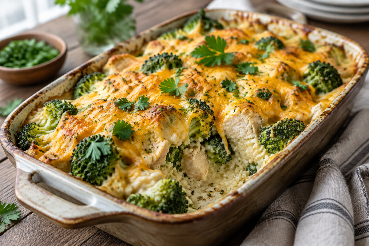 Broccoli rice cheese casserole with chicken topped with melted cheese and fresh parsley garnish