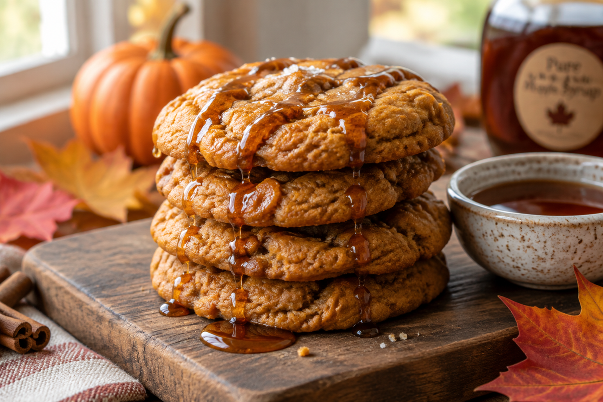Stack of brown butter pumpkin cookies drizzled with maple syrup on wooden board with autumn decor