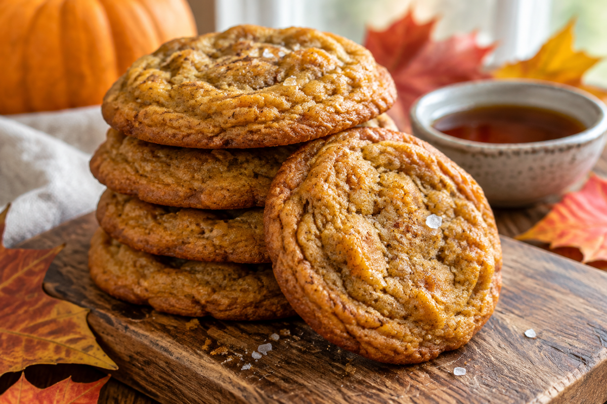 Chewy brown butter pumpkin cookies with maple syrup on rustic board, brown butter pumpkin cookies