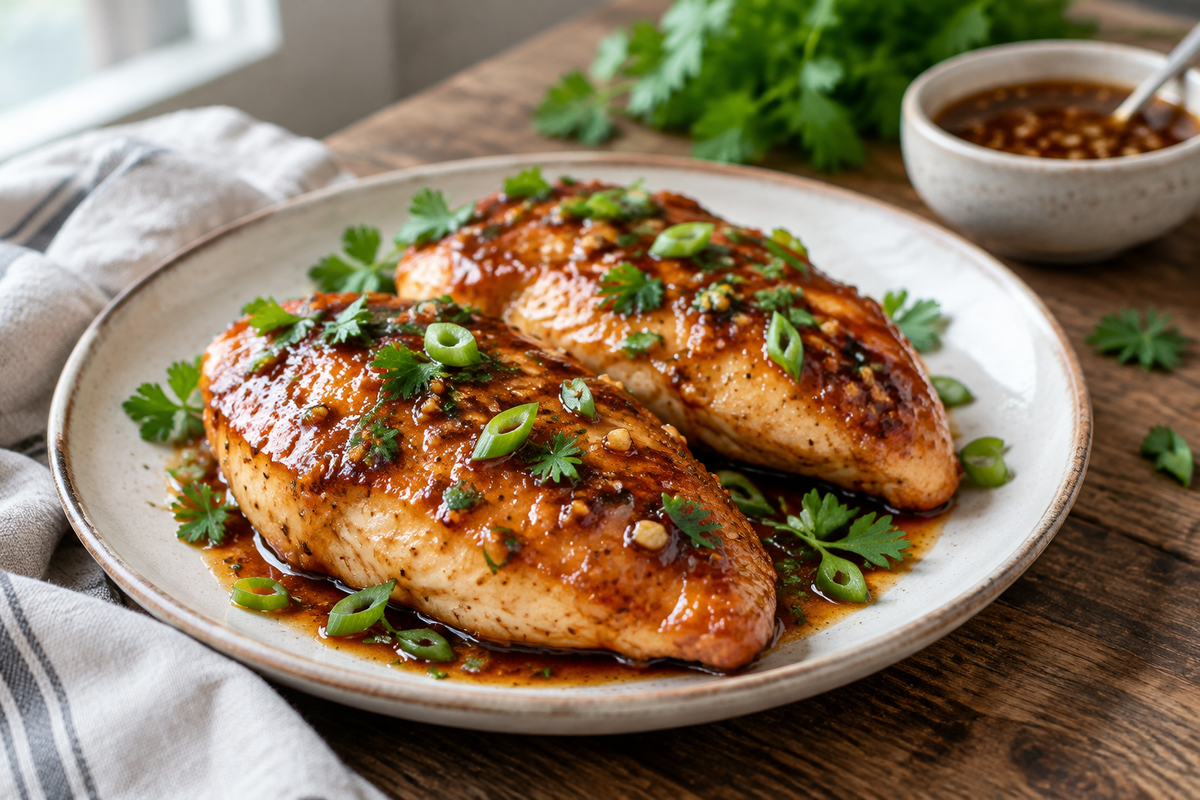 Brown sugar garlic chicken breasts glazed and garnished with parsley and green onions