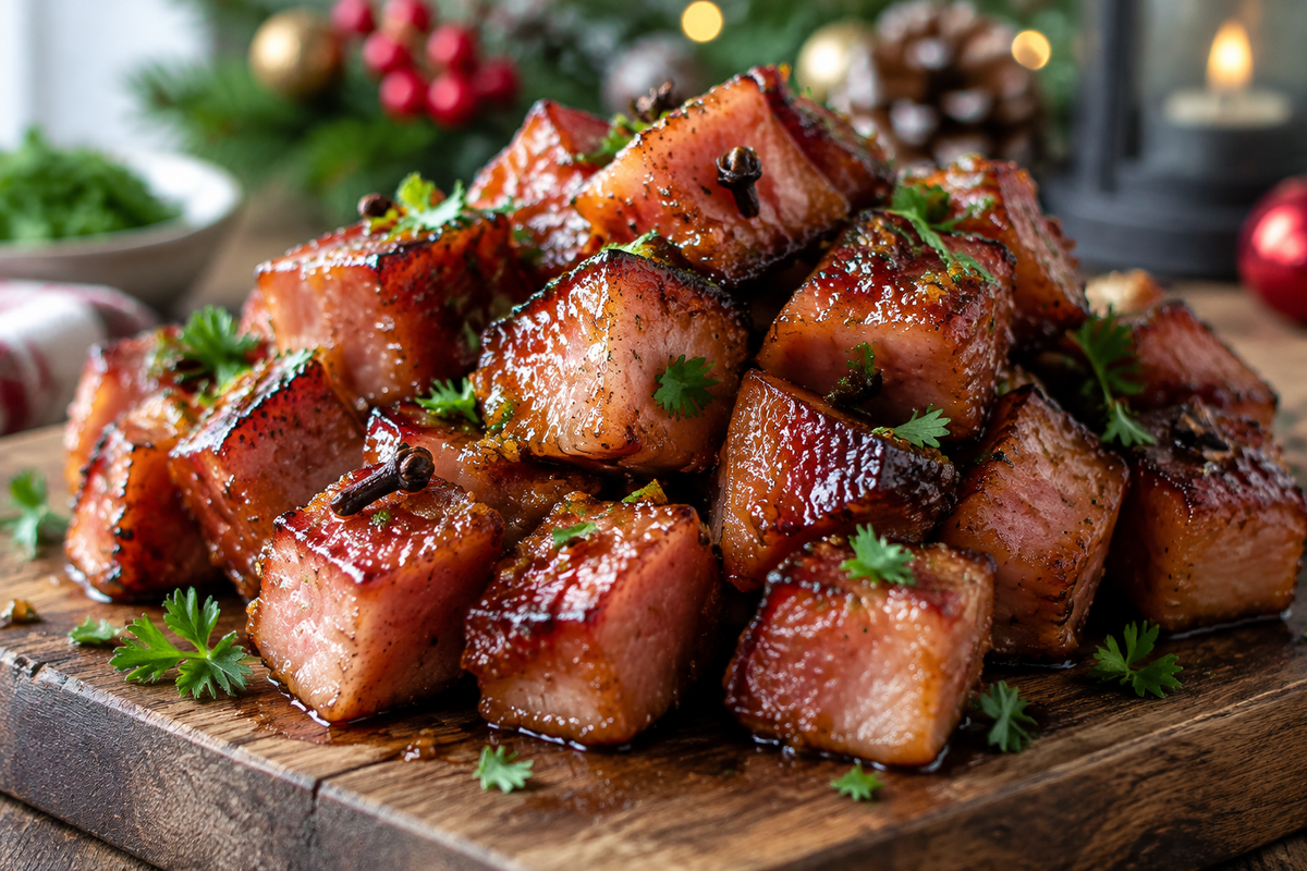 Sweet and savory brown sugar honey glazed ham bites garnished with parsley, perfect holiday appetizer