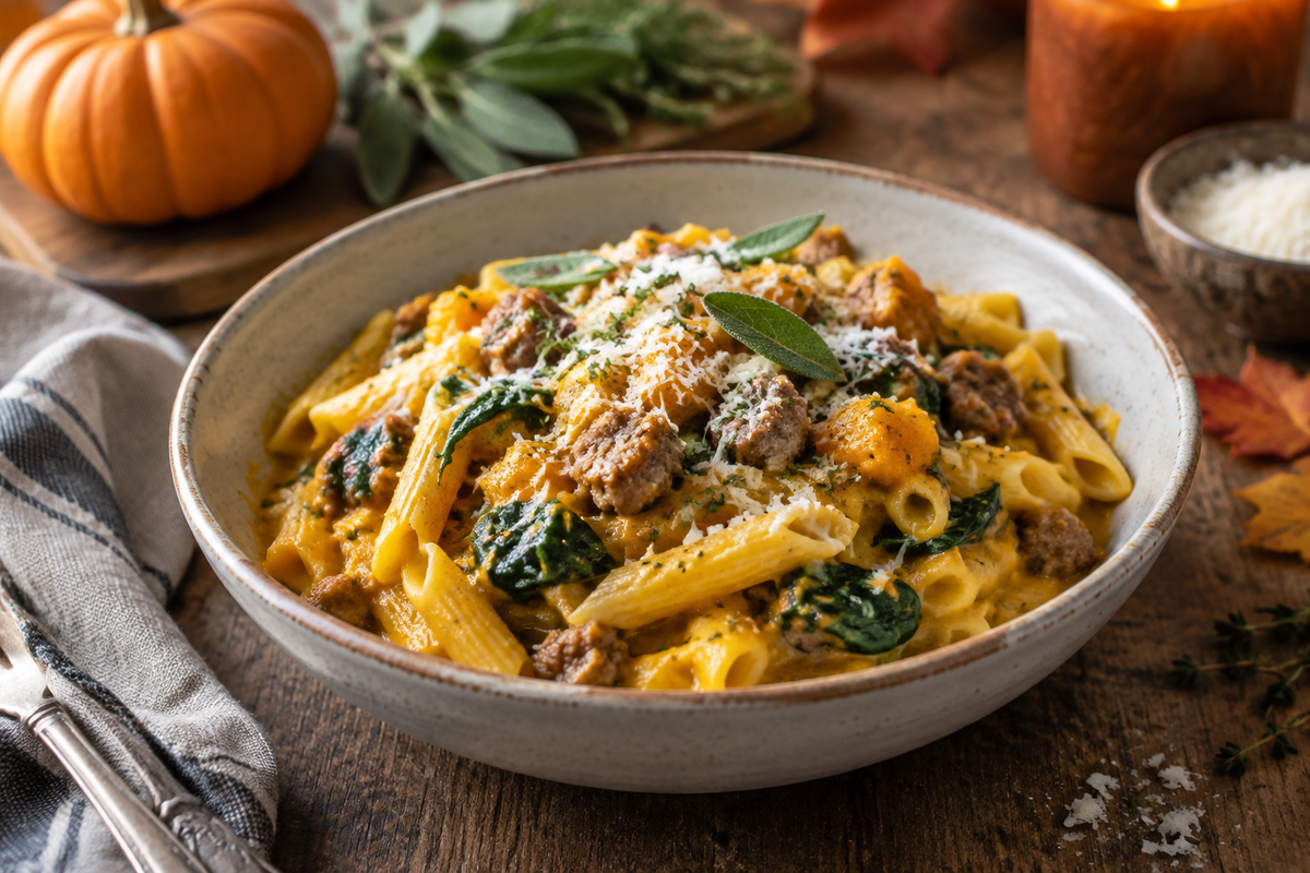 Butternut squash pasta with sausage and spinach served in a rustic bowl, showcasing the vibrant fall colors