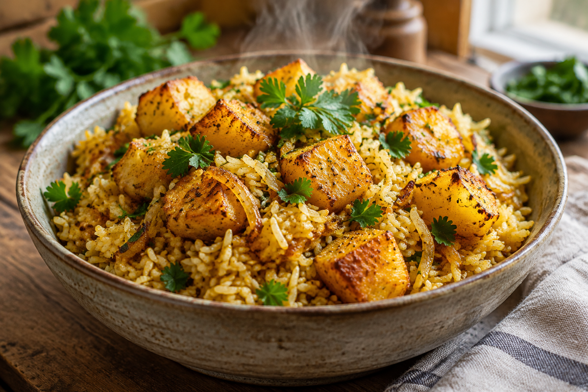 Buttery onion rice with savory potato delights garnished with fresh parsley