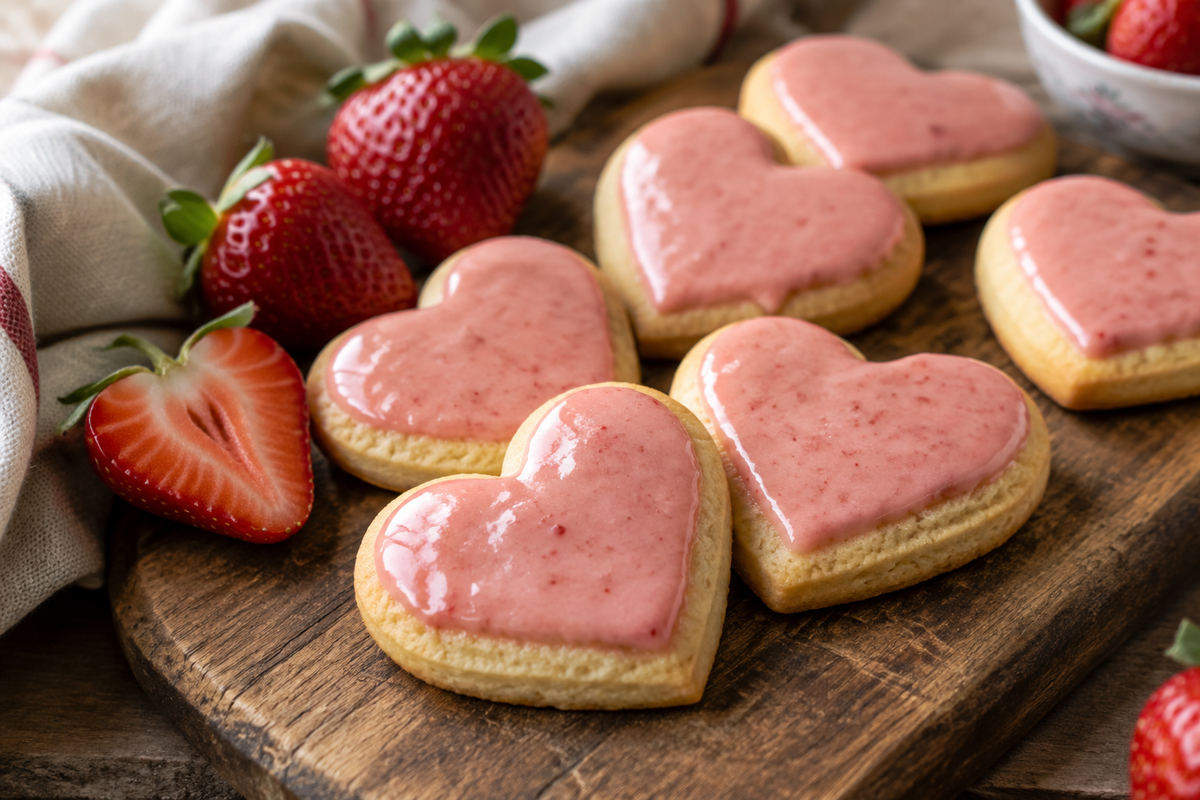 Strawberry shortbread cookies with sweet strawberry glaze on rustic wooden board