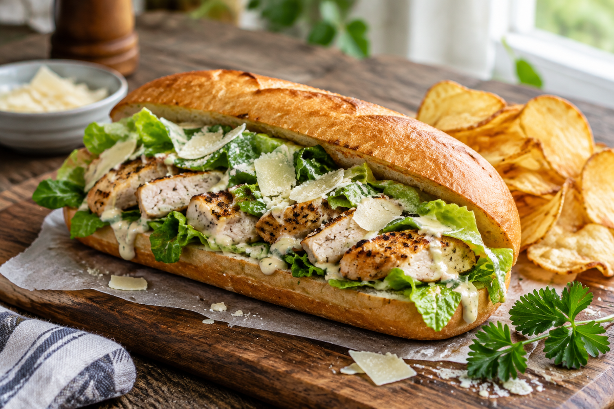 Chicken caesar sandwiches on toasted sub rolls with grilled chicken and creamy Caesar dressing