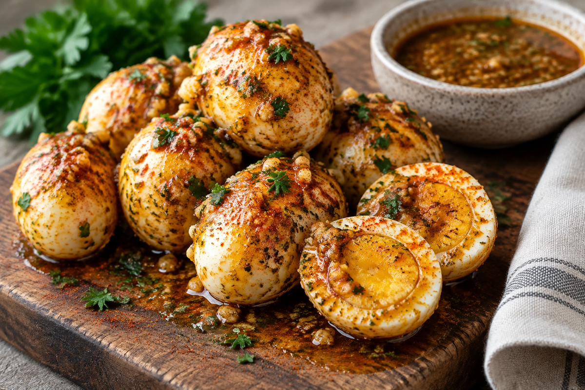 Cajun boiled eggs with spicy garlic butter sauce garnished with parsley, a keto boiled egg snack