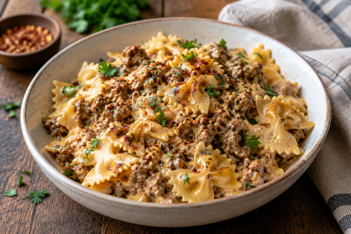 Creamy Cajun cream cheese alfredo bowties pasta with spiced ground beef and parsley garnish
