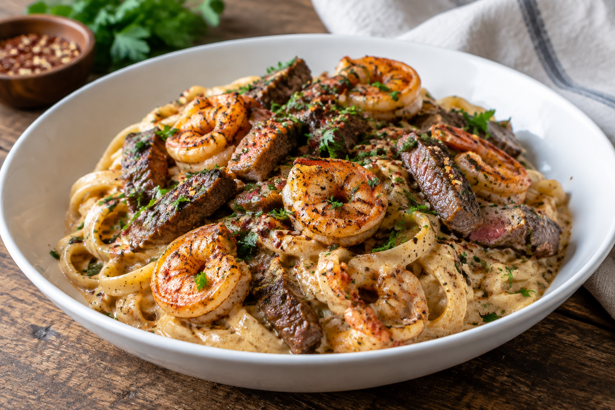 Cajun shrimp alfredo pasta with steak and parsley garnish on white plate