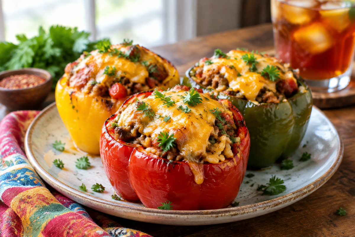 Cajun stuffed peppers with spicy sausage and melted cheese on rustic table, vibrant and flavorful dish
