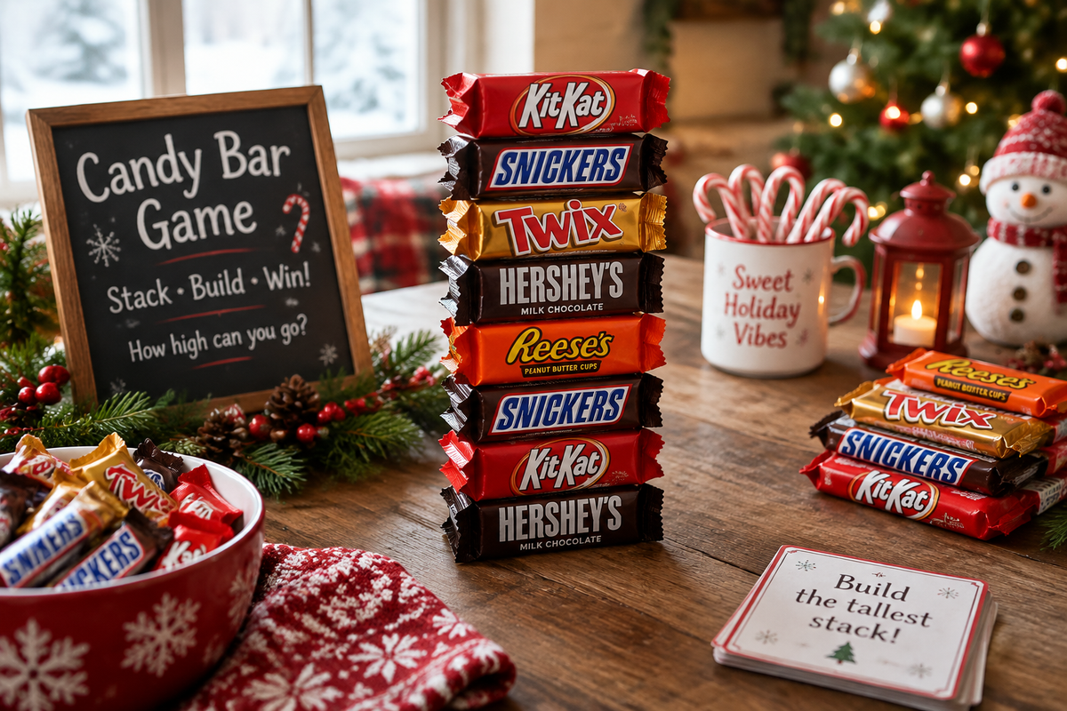A festive candy bar game setup with colorful candy bars and Christmas decorations, perfect for the candy bar game