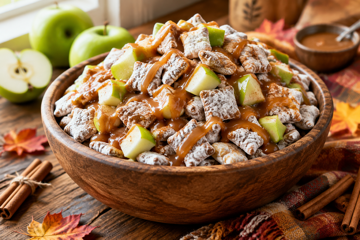 Caramel apple puppy chow in a rustic bowl with caramel drizzle and apple pieces