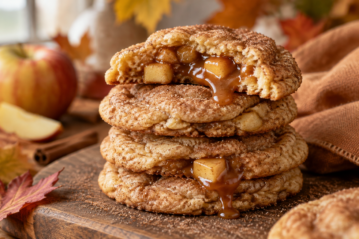 Caramel apple snickerdoodles stacked with gooey caramel and cinnamon sugar on rustic board