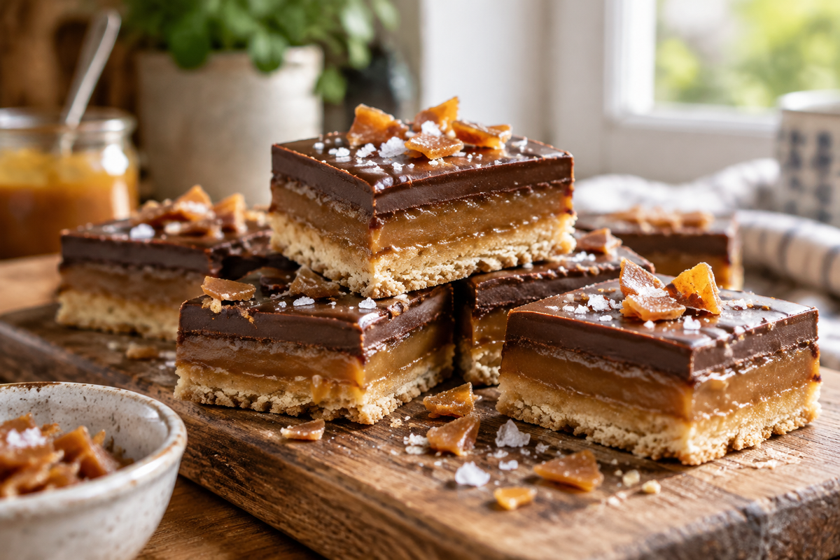 Caramel millionaire bars with chocolate topping and caramel layer on wooden board, caramel millionaire bars dessert