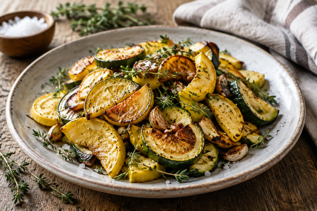 Caramelized garlic roasted summer squash with golden edges and fresh herb garnish on rustic plate