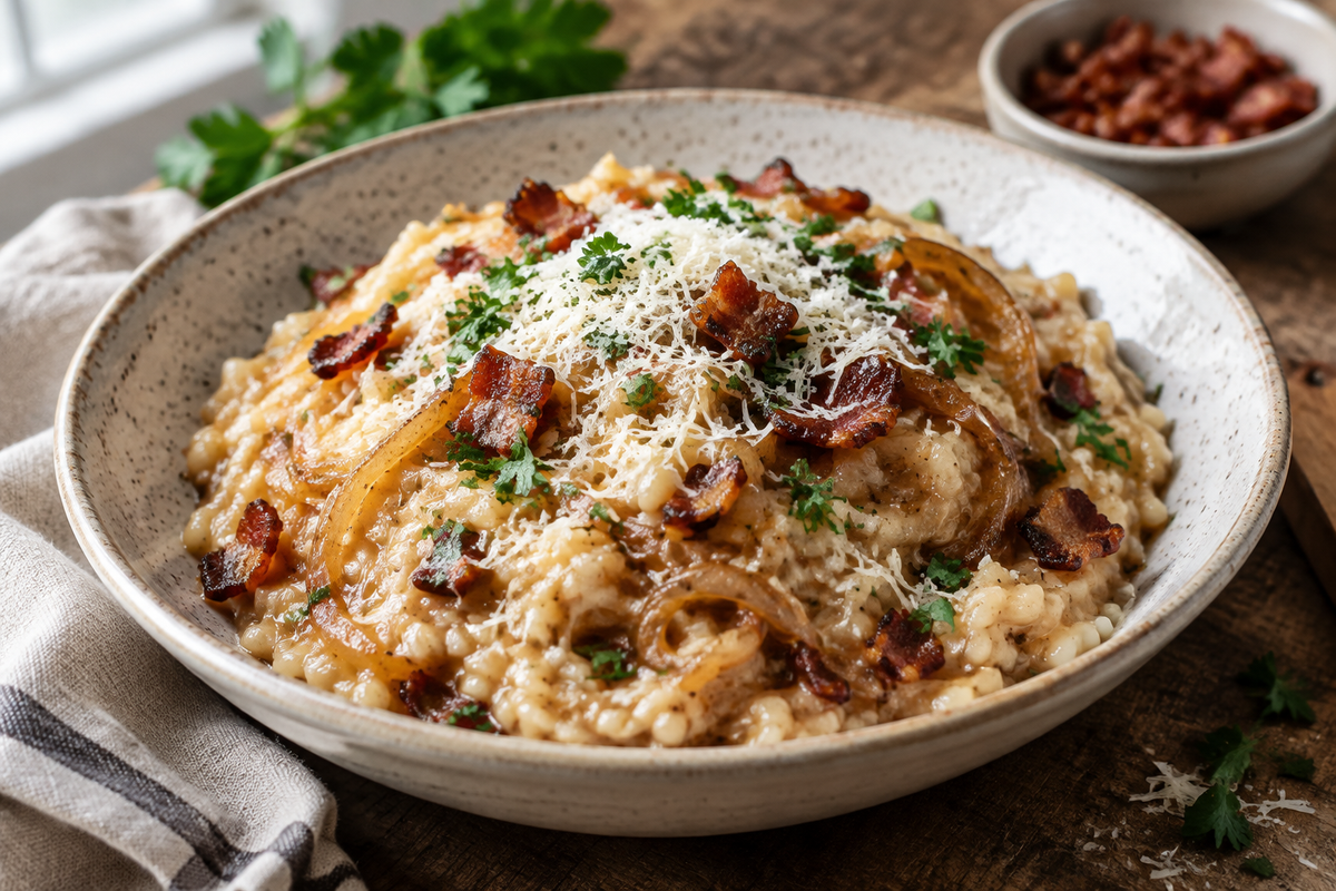 Creamy caramelized onion bacon risotto topped with Parmesan and parsley, showcasing caramelized onion bacon risotto