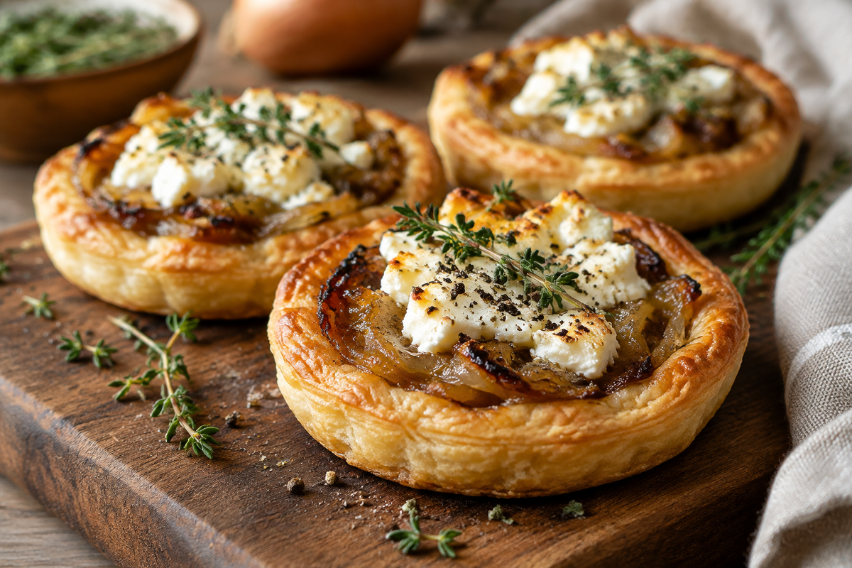 Caramelized onion tarts topped with goat cheese and fresh thyme garnish