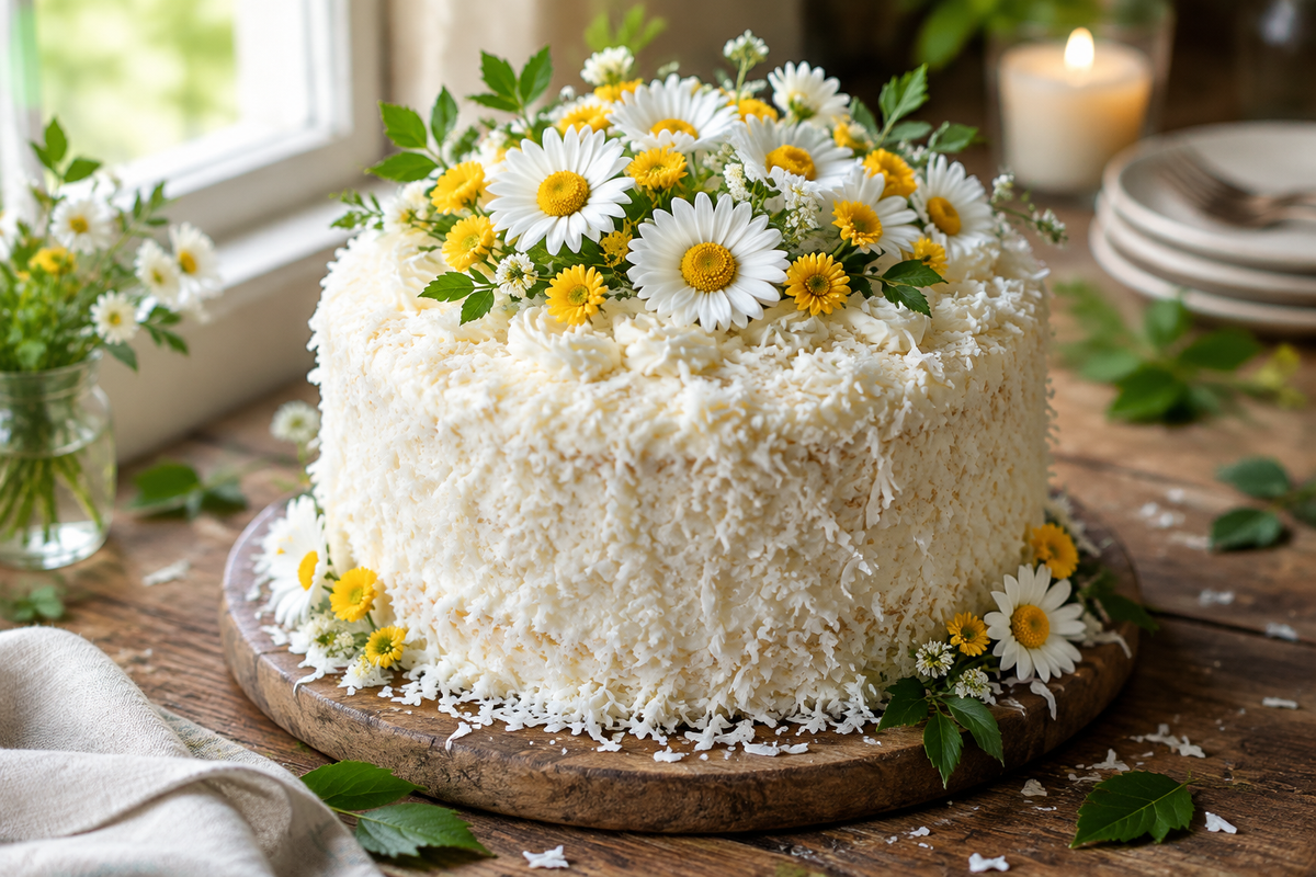 Decorated coconut cake with daisies, perfect coconut cake for celebration