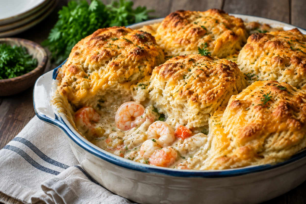 Seafood pot pie topped with golden cheddar bay biscuits and fresh parsley garnish