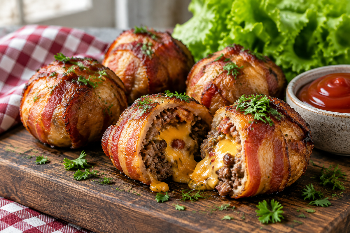 Cheeseburger bacon bombs on wooden board garnished with parsley and ketchup, showcasing cheeseburger bacon bombs