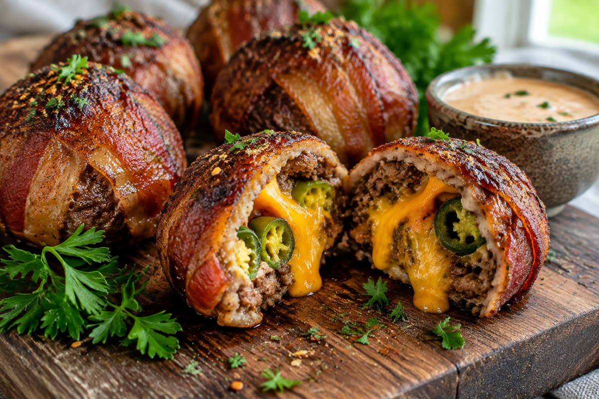 Spicy cheeseburger bacon bombs with jalapeño and melted cheese, showcasing the cheeseburger bacon bombs with a spicy twist