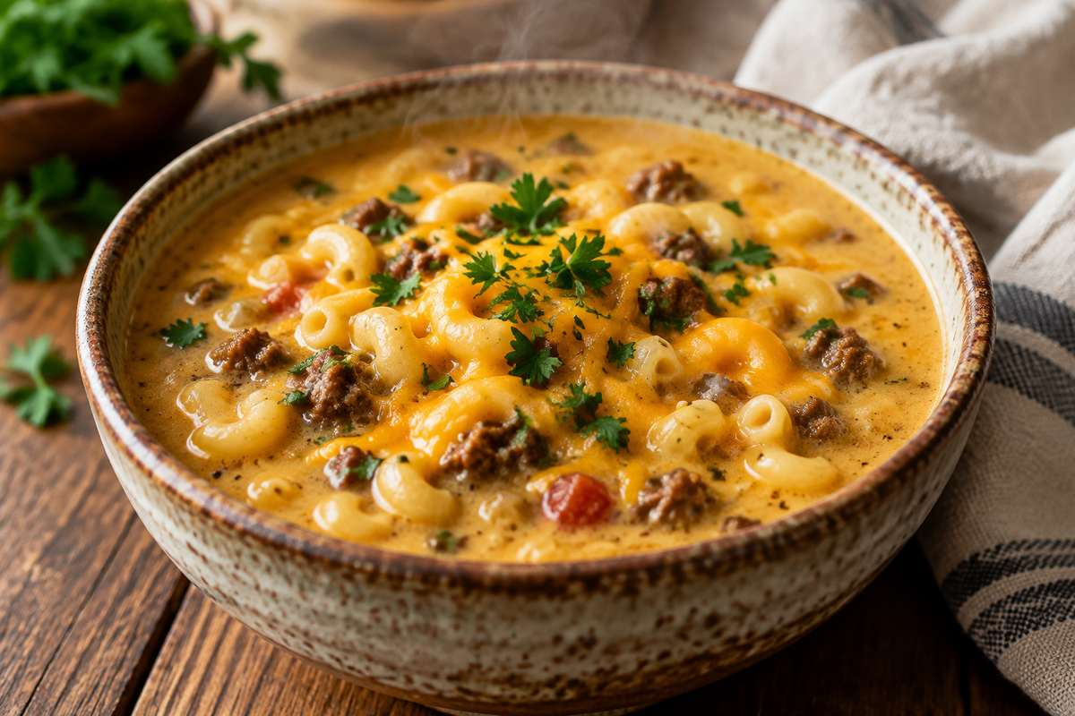 Cheeseburger macaroni soup in a bowl garnished with parsley, showcasing cheesy comfort food