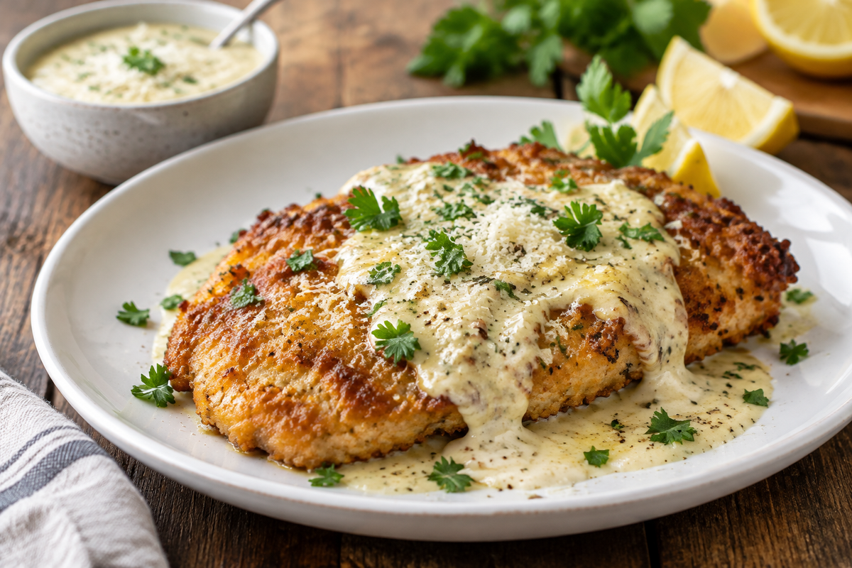 Plate of crispy chicken romano copycat with creamy sauce and fresh parsley garnish