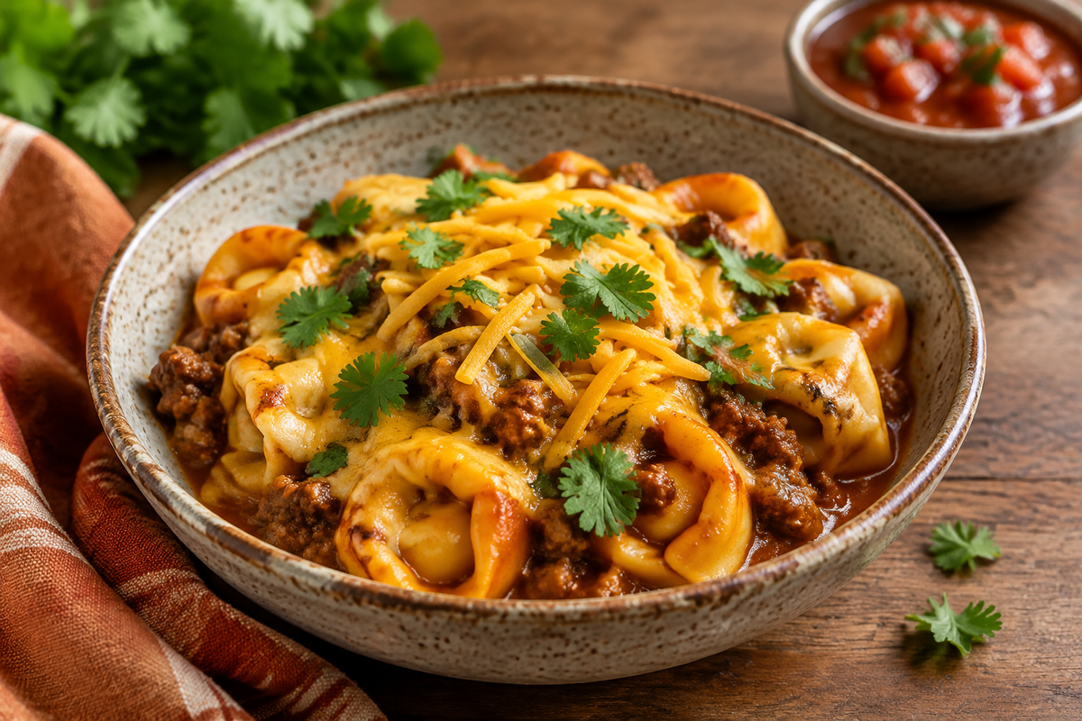 Cheesy beef enchilada tortellini served in a bowl with fresh cilantro garnish