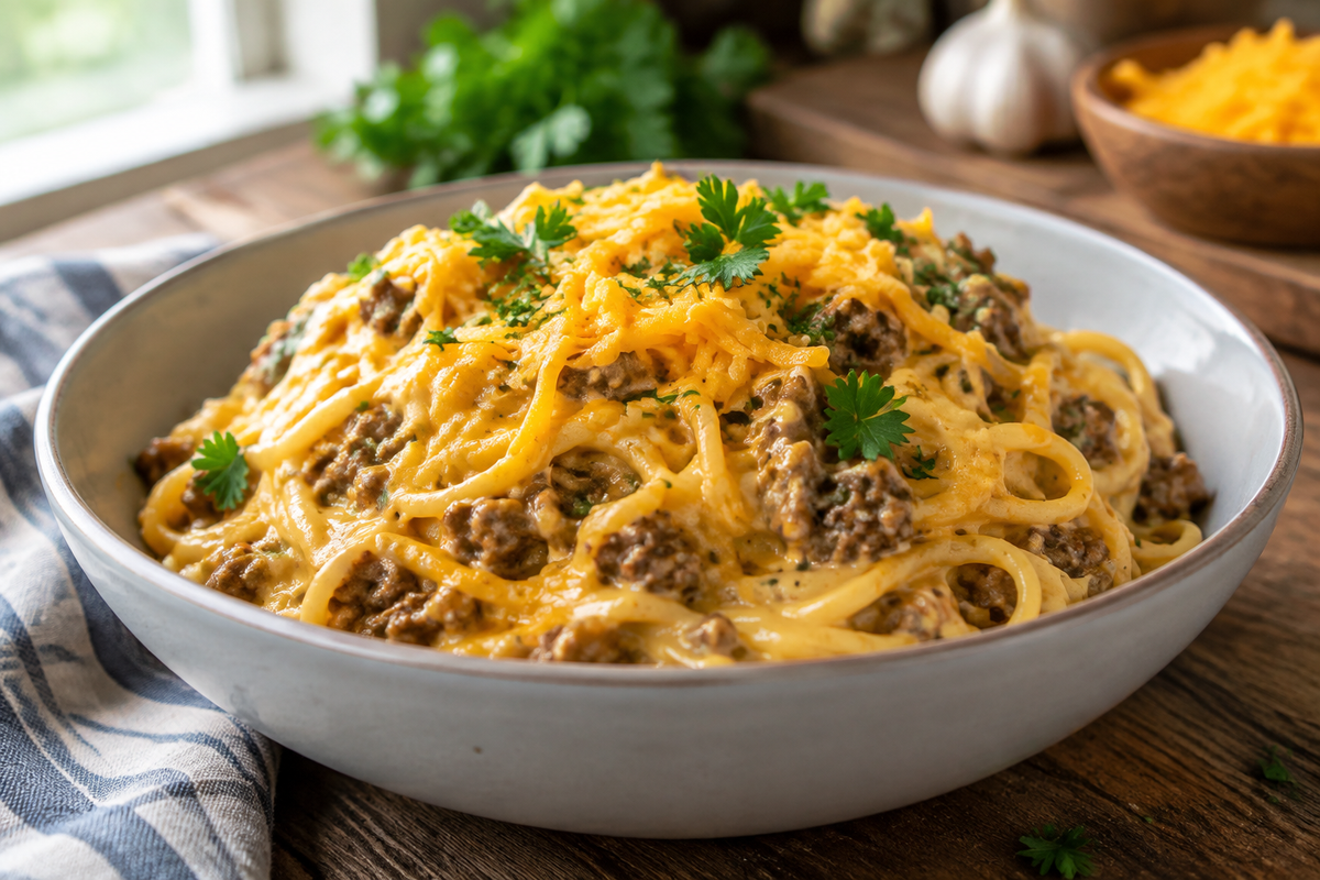 Cheesy beef spaghetti with garlic cheddar cream garnished with parsley and cheddar cheese